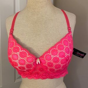 Youmita Embroidered lace overlay pink fluorescent bra size 40C NEW w/tags